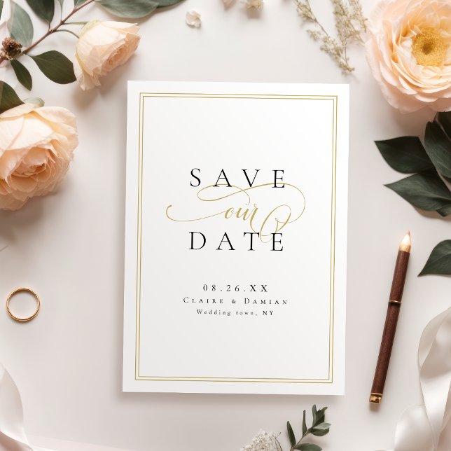 Reserve A Data Ouro Preto Simples Elegância Romântico Cripta Casa (Gold Black Simple Elegance Romantic Script Wedding Save The Date)