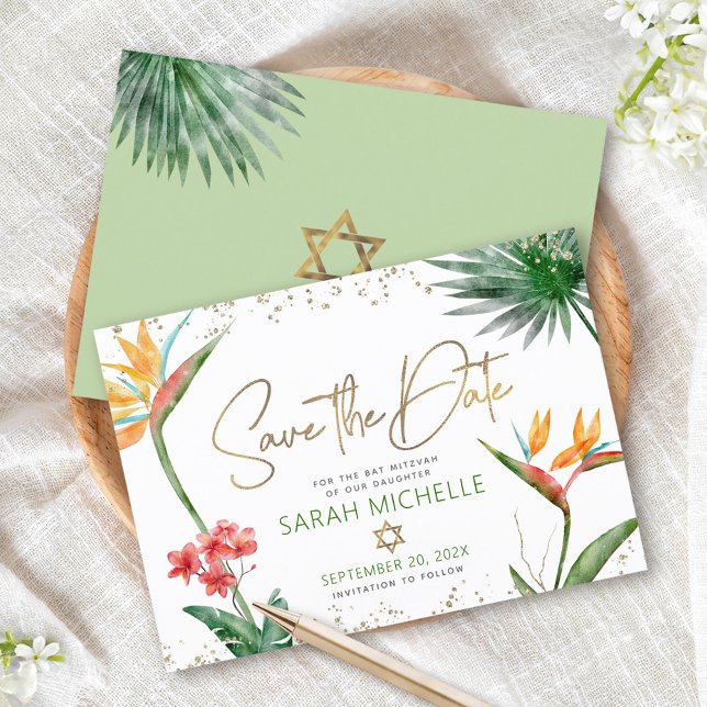 Reserve A Data Ouro Verde Tropical Bat Mitzvah Floral Palma Moder (Criador carregado)