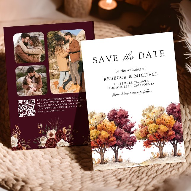 Reserve A Data Outono Burgundy Trees QR Code Foto Casamento   (Criador carregado)
