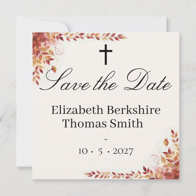 Reserve A Data Outono Católico Vermelho e Dourado Casamento Save  (Frente)