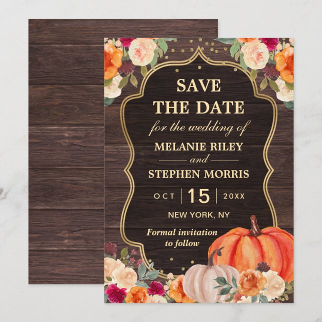 Reserve A Data Outono Rústico Abóbora floral casamento salvar a d (Frente/Verso)
