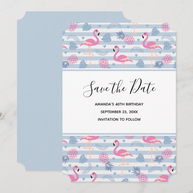 Reserve A Data Padrão de Flamingo e Abacaxi Whimsical Aniversário (Frente/Verso)