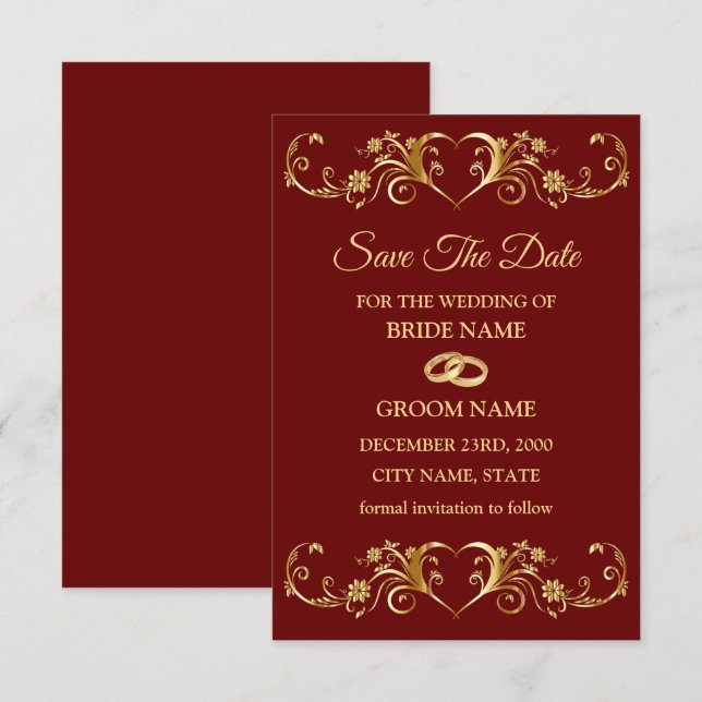 Reserve A Data Padrão Geométrico Dourado Vermelho de Casamento El (Frente/Verso)