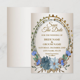 Reserve A Data Padrão Geométrico Floral Azul Dourado de Casamento