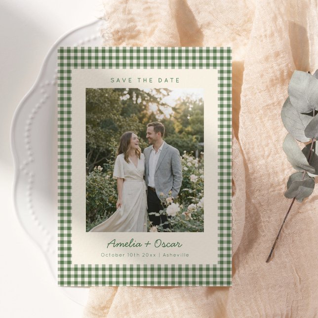 Reserve A Data Padrão Xadrez Gingham Verde Retro Foto Casamento (Criador carregado)