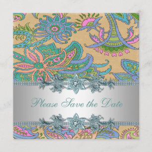 Reserve A Data Paisley Indiano em Dourado e Azul Turquesa Casamen