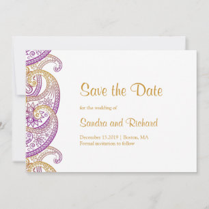 Reserve A Data Paisley Purple e Dourado Casamento Indiano