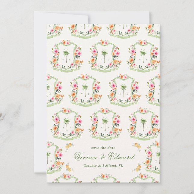 Reserve A Data Palm Tree Crest Monograma Summer Boho Beach Casame (Frente)