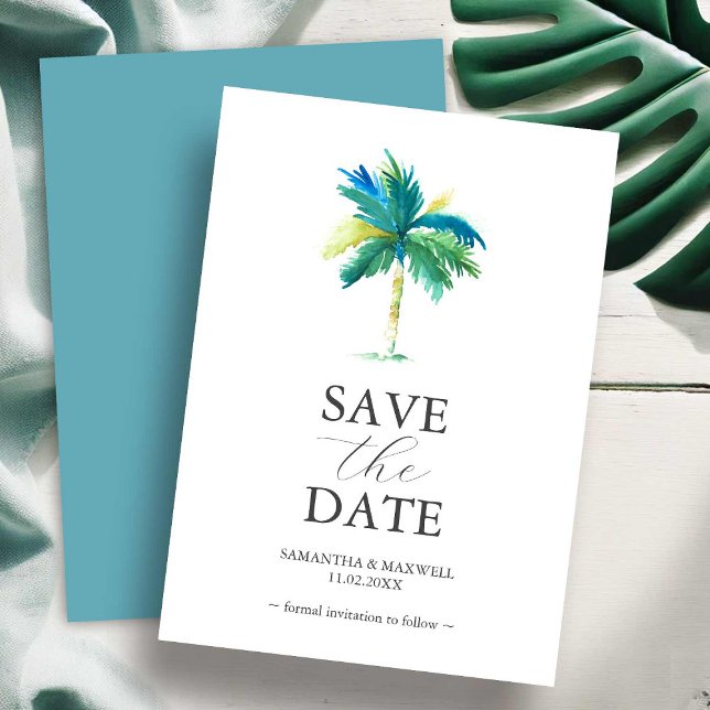 Reserve A Data Palm Tree Weding Date Invitation Cards (Watercolor palm tree save the date wedding invitation art by Victoria Grigaliunas Do Tell A Belle)