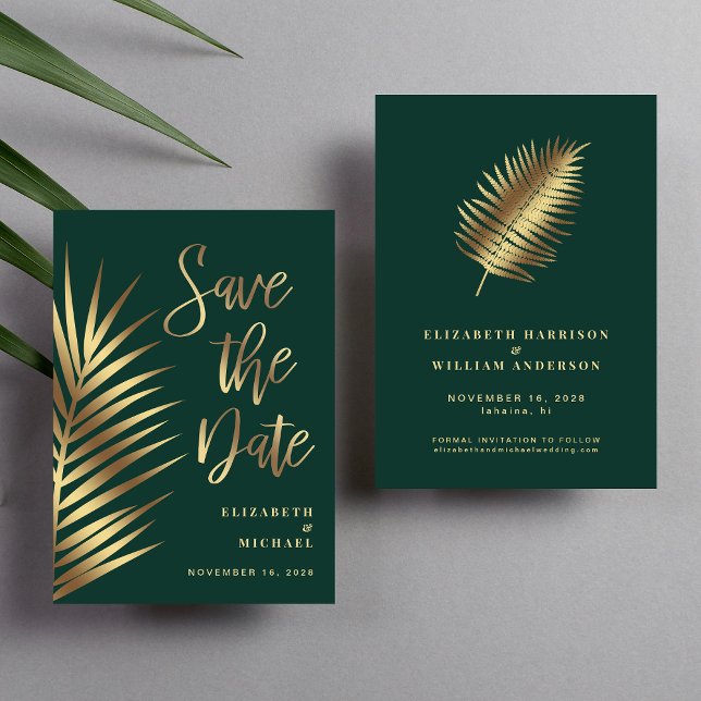 Reserve A Data Palma tropical elegante deixa verde Dourado (Our user-friendly template allows you to easily tailor the save the date announcement to your event)