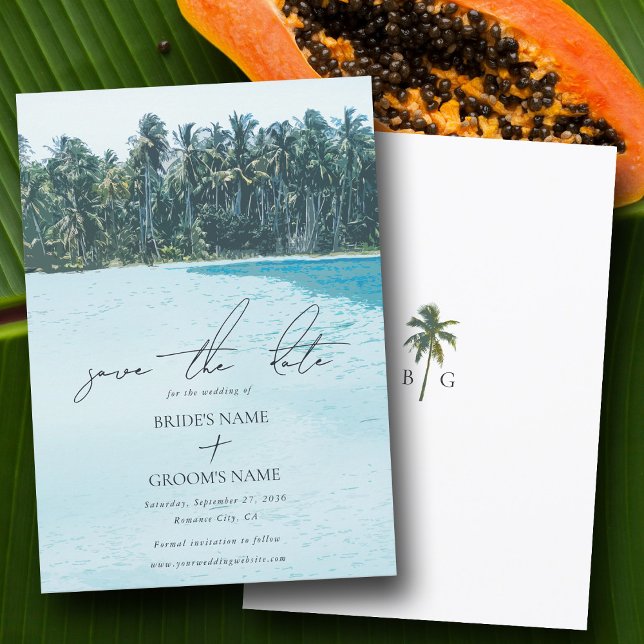 Reserve A Data Palmas de Aquarela Tropical & Casamento de Praia (Tropical Watercolor Palms & Beach Wedding Save The Date)