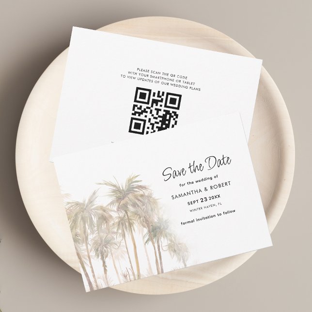 Reserve A Data Palmeiras Costeiras e Casamento com Código QR (Palm Trees QR Code Wedding Save the Date Announcement Horizontal Card)