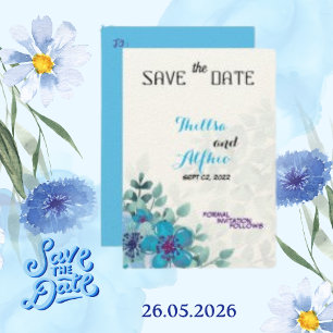 Reserve A Data Papel Bege de Feltro Flor Floral Azul Salve a Data