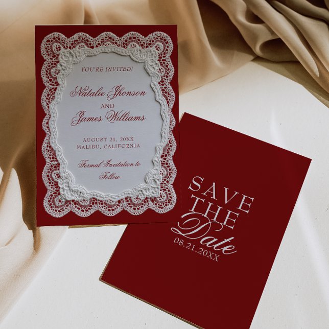 Reserve A Data Papel de renda branco Borgonha Doily Casamento Old (Criador carregado)