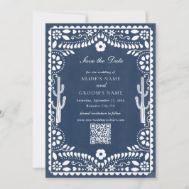 Reserve A Data Papel Picado Casamento Mexicano Rústico Azul Bodas