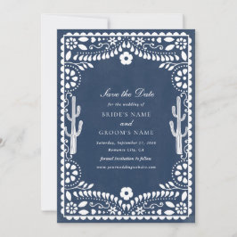 Reserve A Data Papel Picado Casamento Mexicano Rústico Azul Casam