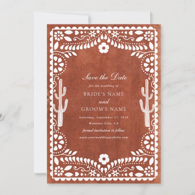 Reserve A Data Papel Picado Casamento Mexicano Terracota Marrom N (Frente)