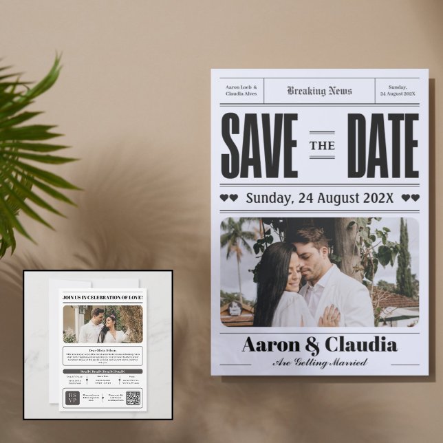 Reserve A Data Papel simples preto e branco Salvar a data (Black and White Simple Newspaper Save the Date)
