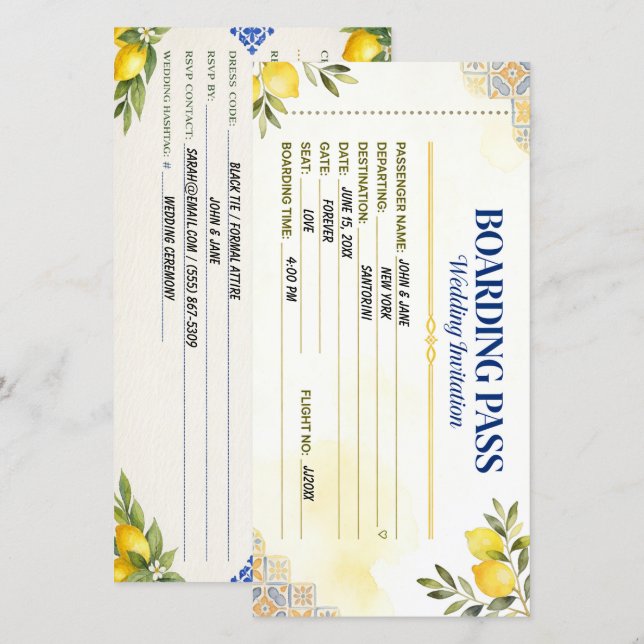 Reserve A Data Passagem de Embarque de Casamento com Limão Medite (Frente/Verso)
