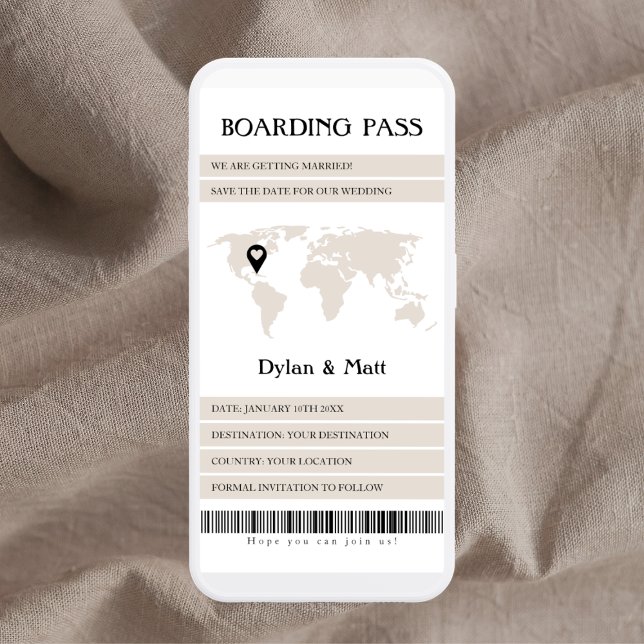 Reserve A Data Passagem de Embarque Eletrônico de Origem de Desti (boarding pass save the date electronic boarding pass destination wedding light beige)