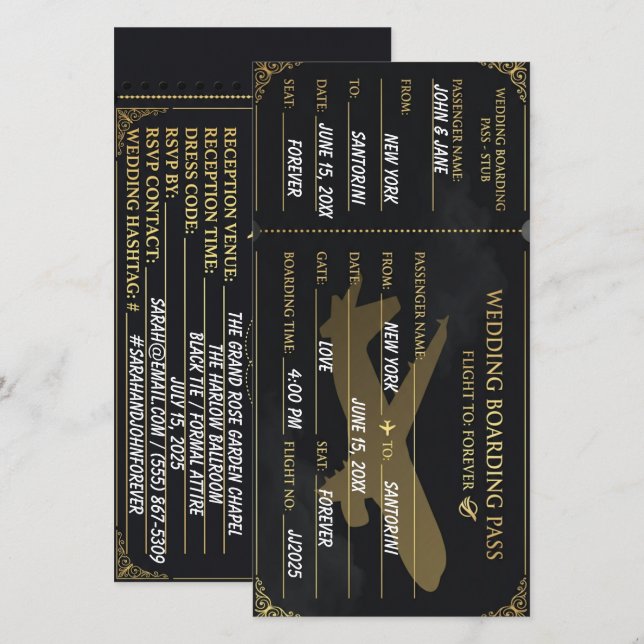 Reserve A Data Passagem de embarque Luxo Preto e Dourado save the (Frente/Verso)