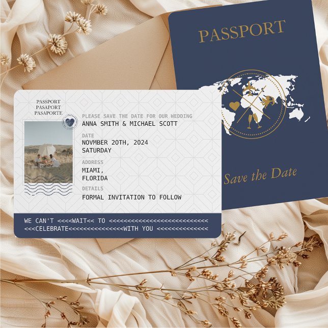 Reserve A Data Passaporte Dourado Azul-Marinho para Fotos de Casa (Passport Photo Save the Date Unique Destination Wedding Navy Blue & Gold)
