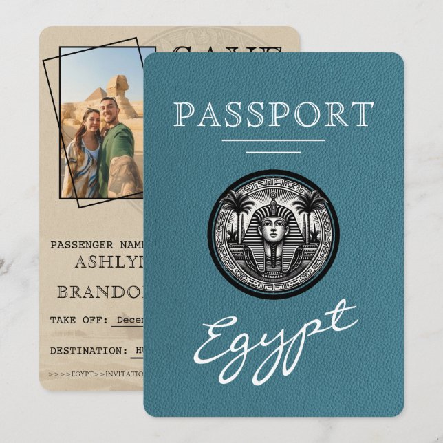Reserve A Data Passaporte Egito Casamento Teal Salvar a Data (Frente/Verso)