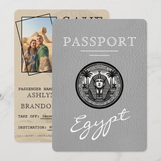 Reserve A Data Passaporte Egito Cinza Casamento Salvar a Data (Frente/Verso)