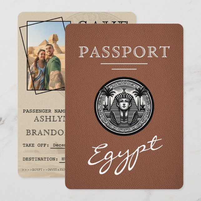 Reserve A Data Passaporte Egito Marrom Casamento Salvar a Data (Frente/Verso)