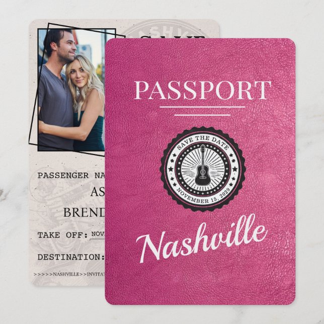 Reserve A Data Passaporte Magenta Rosa Nashville Salvar A Data (Frente/Verso)
