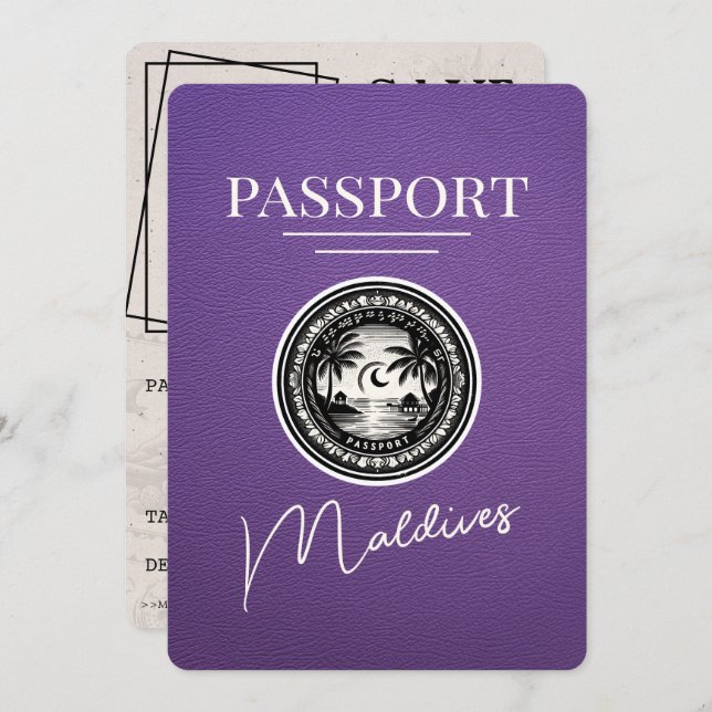Reserve A Data Passaporte Maldivas Roxo Salve A Data (Frente/Verso)
