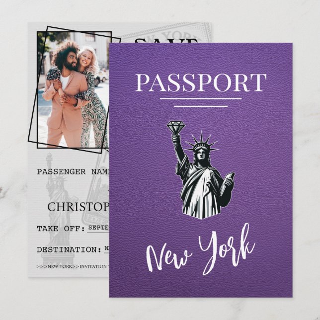 Reserve A Data Passaporte Nova Iorque Roxo Salvar Data (Frente/Verso)