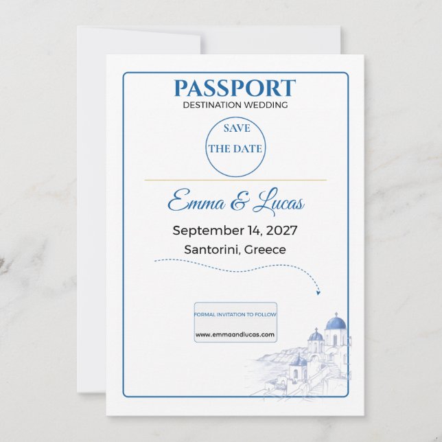 Reserve A Data Passaporte Save the Date Casamento em Santorini (Frente)