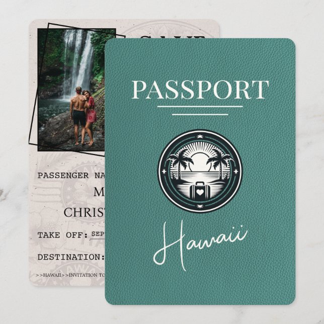 Reserve A Data Passaporte Turquesa do Havaí Save The Date (Frente/Verso)