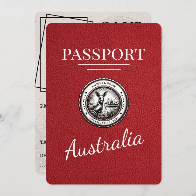 Reserve A Data Passaporte Vermelho Austrália Salvar a Data (Frente/Verso)
