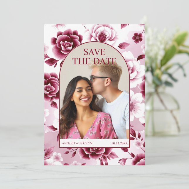 Reserve A Data Pasta floral borgonha, foto do arco de lavagem com (Em pé/Frente)