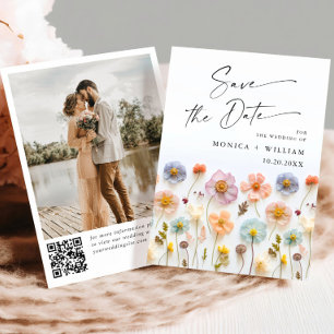 Reserve A Data Pastel Pink Boho Wildflower Casamento Código QR Fo
