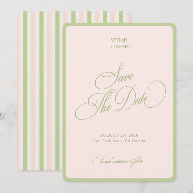 Reserve A Data Pastel Pink & Green Stripes Border Retro Wedding (Frente/Verso)