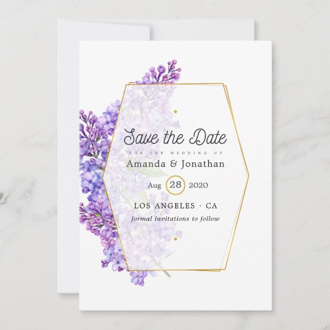 Reserve A Data Pastel Violet e Dourado Casamento Geométrico de He (Frente)