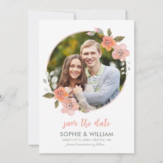 Reserve A Data Peach Delicate Floral Photo Save the Date (Frente)