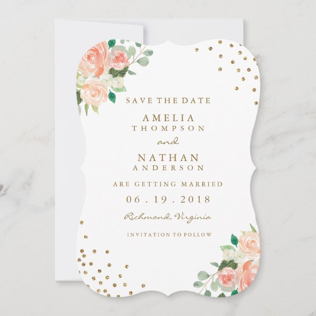 Reserve A Data Peach Dourado Floral Confetti Casamento Salvar A D (Frente)