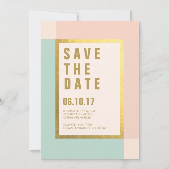Reserve A Data Peach Mint + Gold Foil Salvar Datas | Casamentos (Frente)