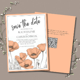 Reserve A Data Peach Poppies Floral Moderno Casamento Elegante