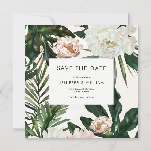 Reserve A Data Peach White Peonies e Green Deixa Casamento Floral (Frente)