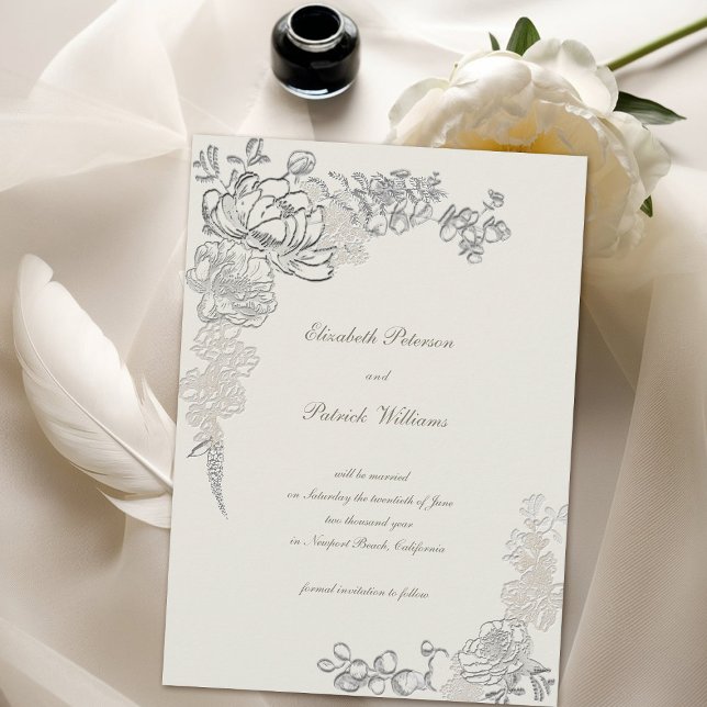 Reserve A Data Peônia Caligrafada com Relevo Falso Casamento Form (formal traditional elegant calligraphy wedding save the date  faux embossed peony ecru classic)