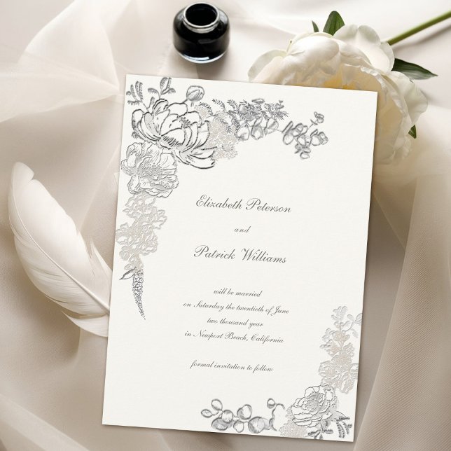 Reserve A Data Peônia Caligrafia Chic Pérolas Casamento Relevo Fa (formal traditional elegant calligraphy wedding save the date  faux embossed peony pearl classic)