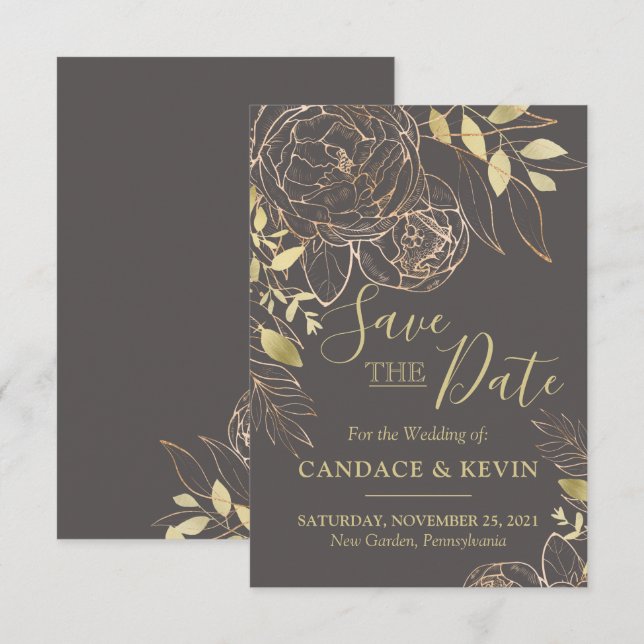Reserve A Data Peônia Cinza e Dourada Casamento Floral Moderno (Frente/Verso)