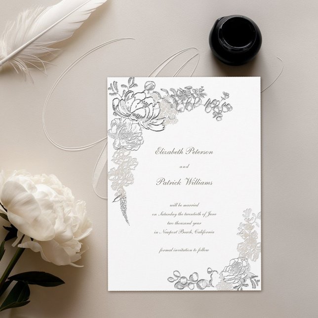 Reserve A Data Peônia Falsa Relevada Caligrafia Chic Marfim Casam (formal traditional elegant calligraphy wedding save the date  faux embossed peony ivory classic)