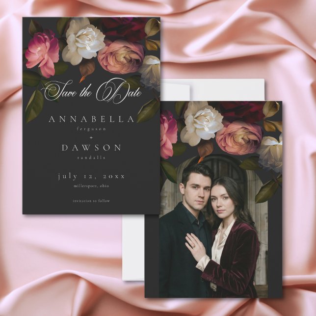 Reserve A Data Peônias Creme Borgonha Escuro Foto Preta (Dark Moody Burgundy Cream Peonies Black Photo Save The Date)