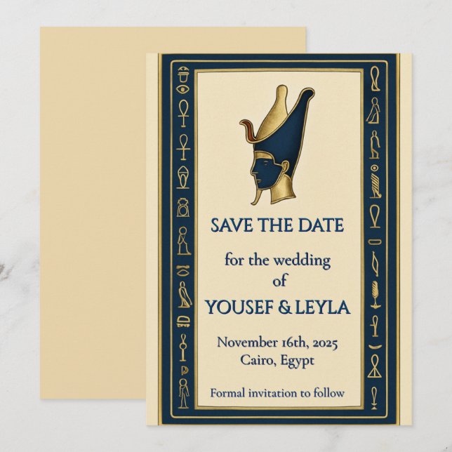 Reserve A Data Perfil de Faraó Egípcio Dourado Save the Date (Frente/Verso)